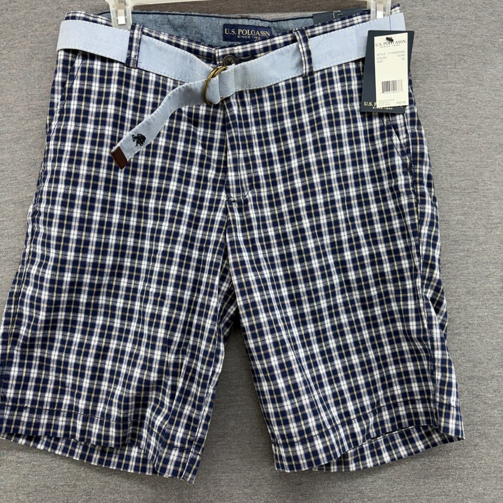 US Polo Assn Mens Plaid Shorts Navy White Checkered with Belt Size 32 117280H5XW